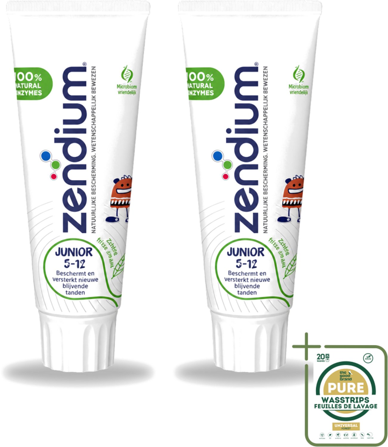 2 x Zendium - Junior 5-12 Jaar - Tandpasta - Natuurlijke Enzymen - 75 ml - Wasstrips - Tandpasta Voor Kinderen - Melktanden Beschermen - Volwassen Tanden Beschermen - Natuurlijke Enzymen - SLS-vrij