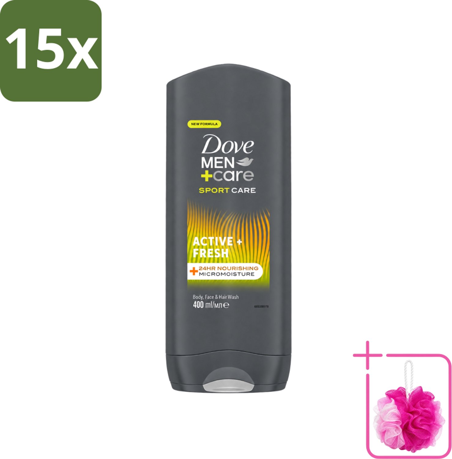 15 x Dove - Douchegel - Men+ Care Active Fresh - Verfrissend en langdurige bescherming - 400 ml - Bulkverpakking - Douchegel - Douchemop - Frisse geur