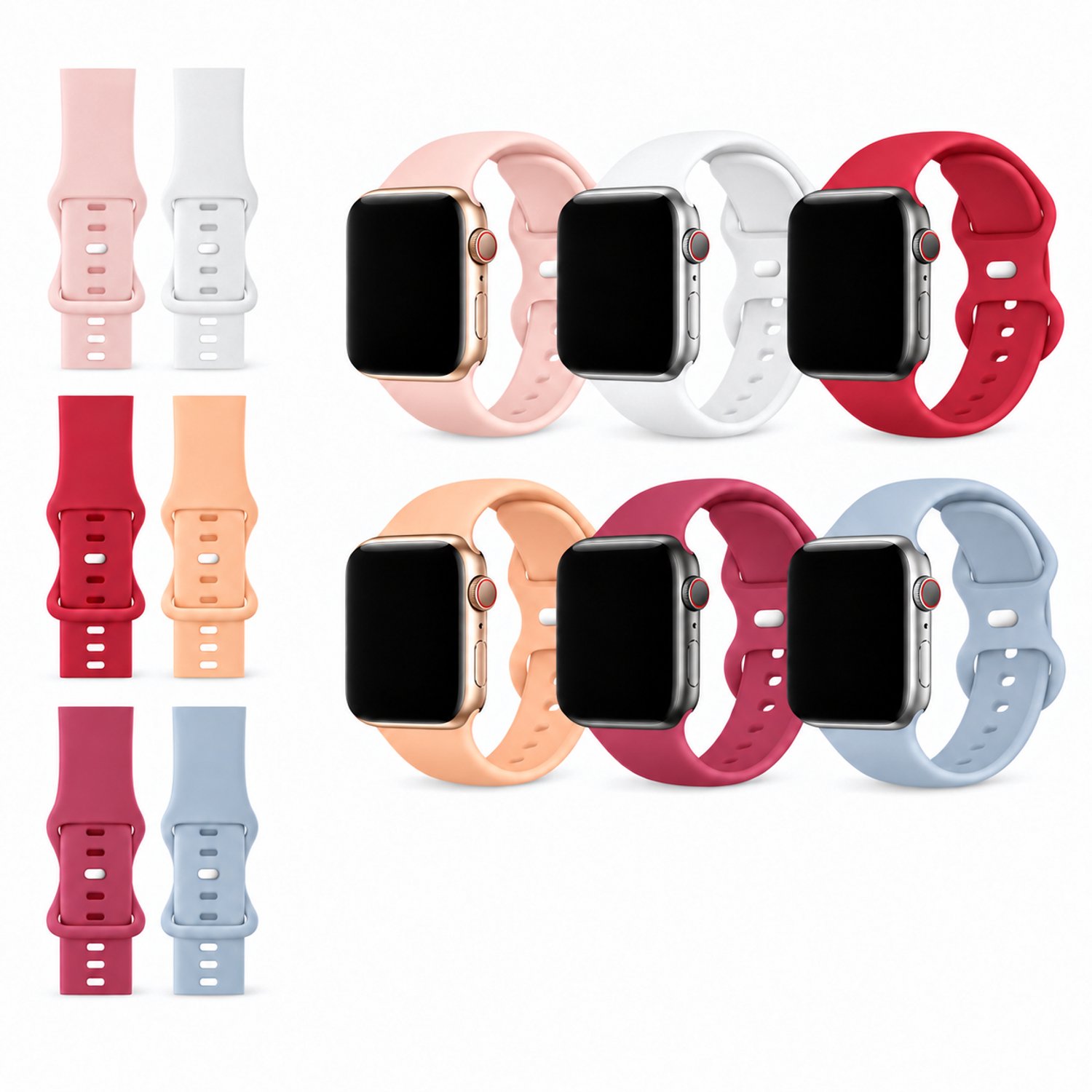 Innerlight® Sport - Set van 6 Siliconen Bandjes - Geschikt voor Apple Watch Series 1 t/m 12 & SE - 38mm, 40mm, 41mm, 42mm - Poederroze, Wit, Karmozijnrood, Perzik, Bessenroze, Poederblauw