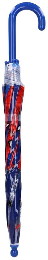 Un parapluie pour enfant Spiderman fermé, avec une poignée bleue, aux motifs Spiderman rouges et bleus.