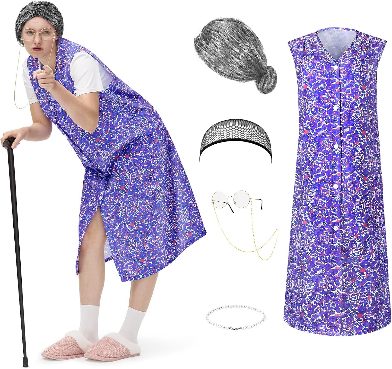 Schort, oma-set, 6 stuks, oude dame, met pruik, bril, halskettingen, haarnet, voor carnaval, themafeest