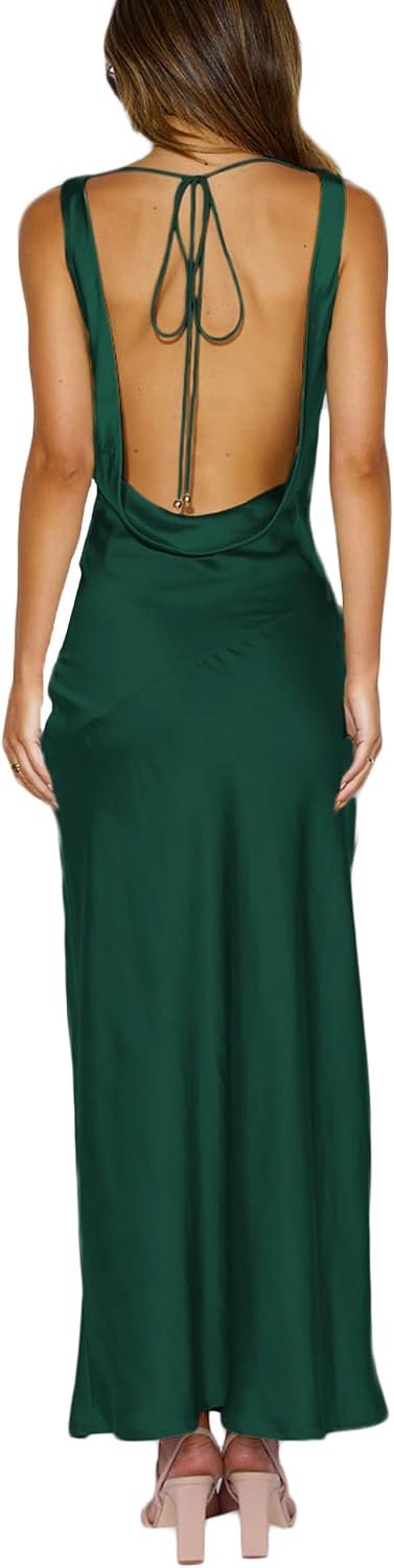 Cowl Neck Sleeveless Backless Maxi Wedding Guest Dress Silk Open Back Tie Back Prom Formal Dresses for Women 2025 Emeralds