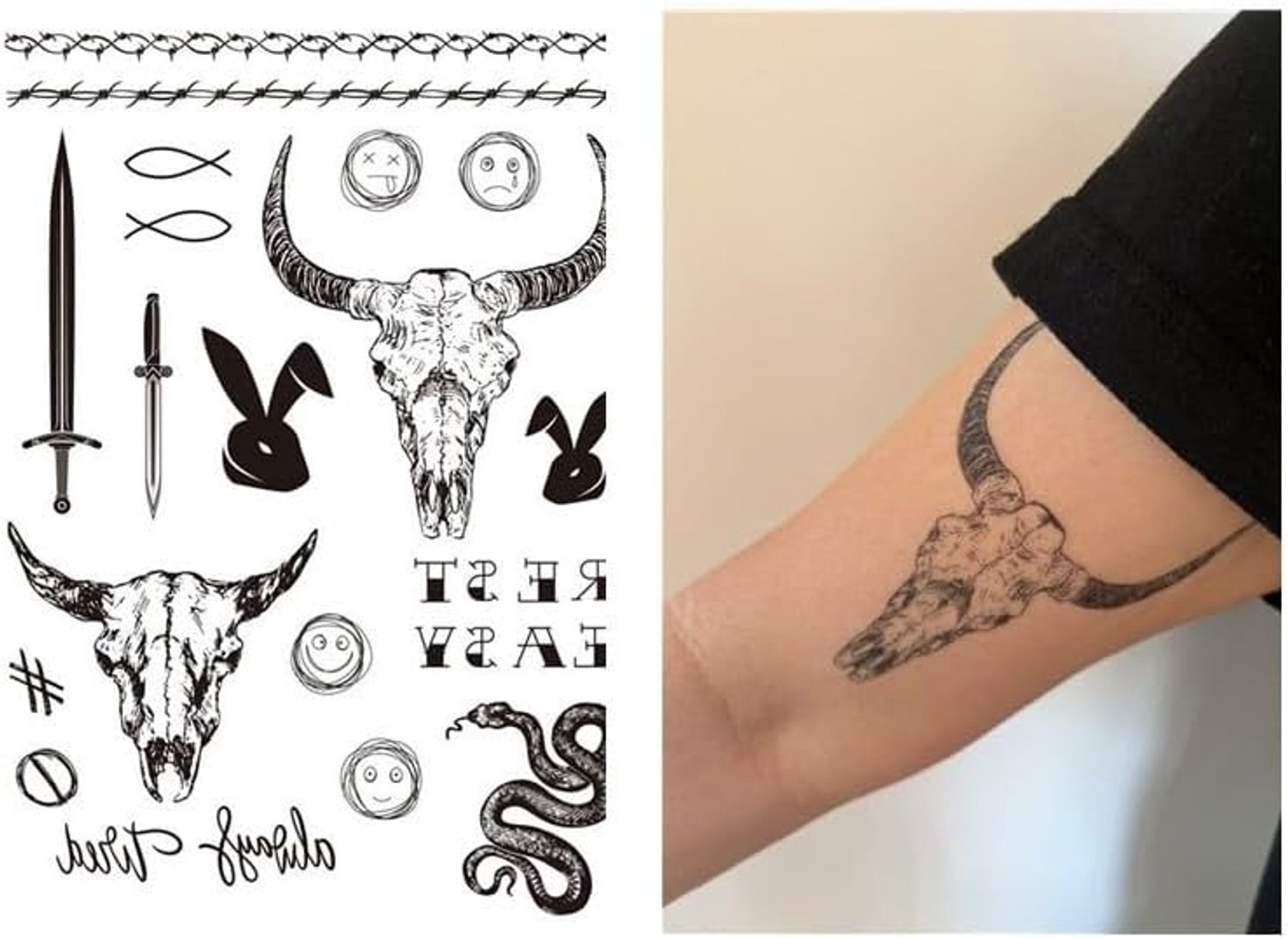 Tijdelijke stier schedel tattoo gewei tattoo stierenkop tattoo slang tattoo LC110