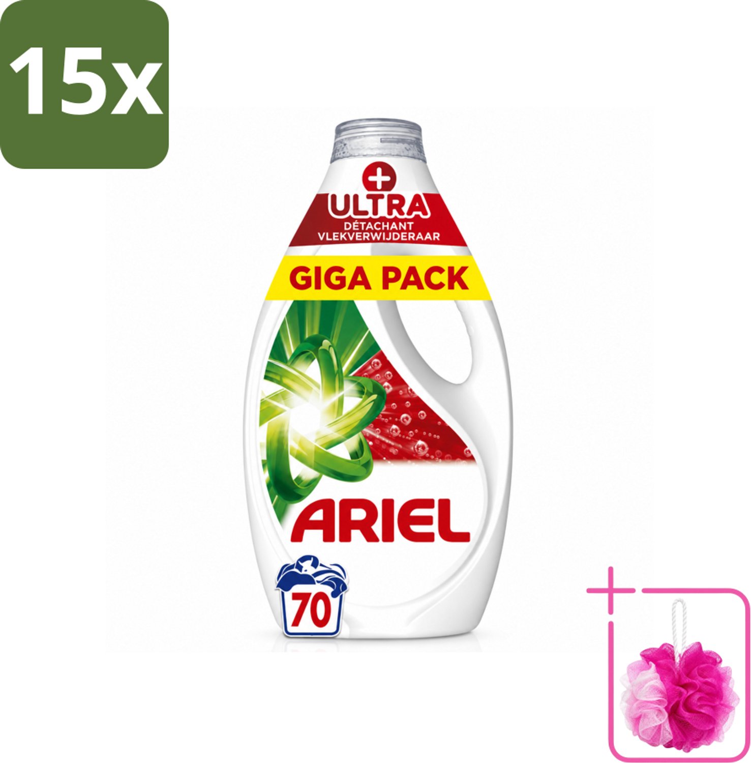 15 x Ariel - Vloeibaar Wasmiddel - +Ultra Vlekverwijderaar - 70 Wasbeurten - 3150 ml - Bulkverpakking - Vlekverwijderaar - Douchemop - Wasmiddel