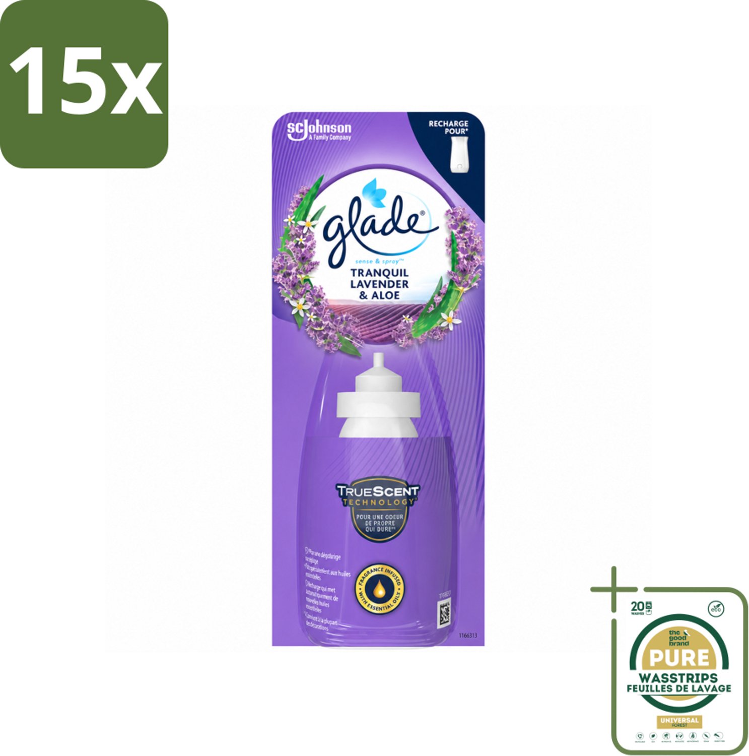 15 x Glade - Sense & Spray Navulling - Tranquil Lavender & Aloë - 18 ml - Wasstrips - Luchtverfrisser - Lavendel - Geur - Geurverspreiding - Geurhoudende Navulling