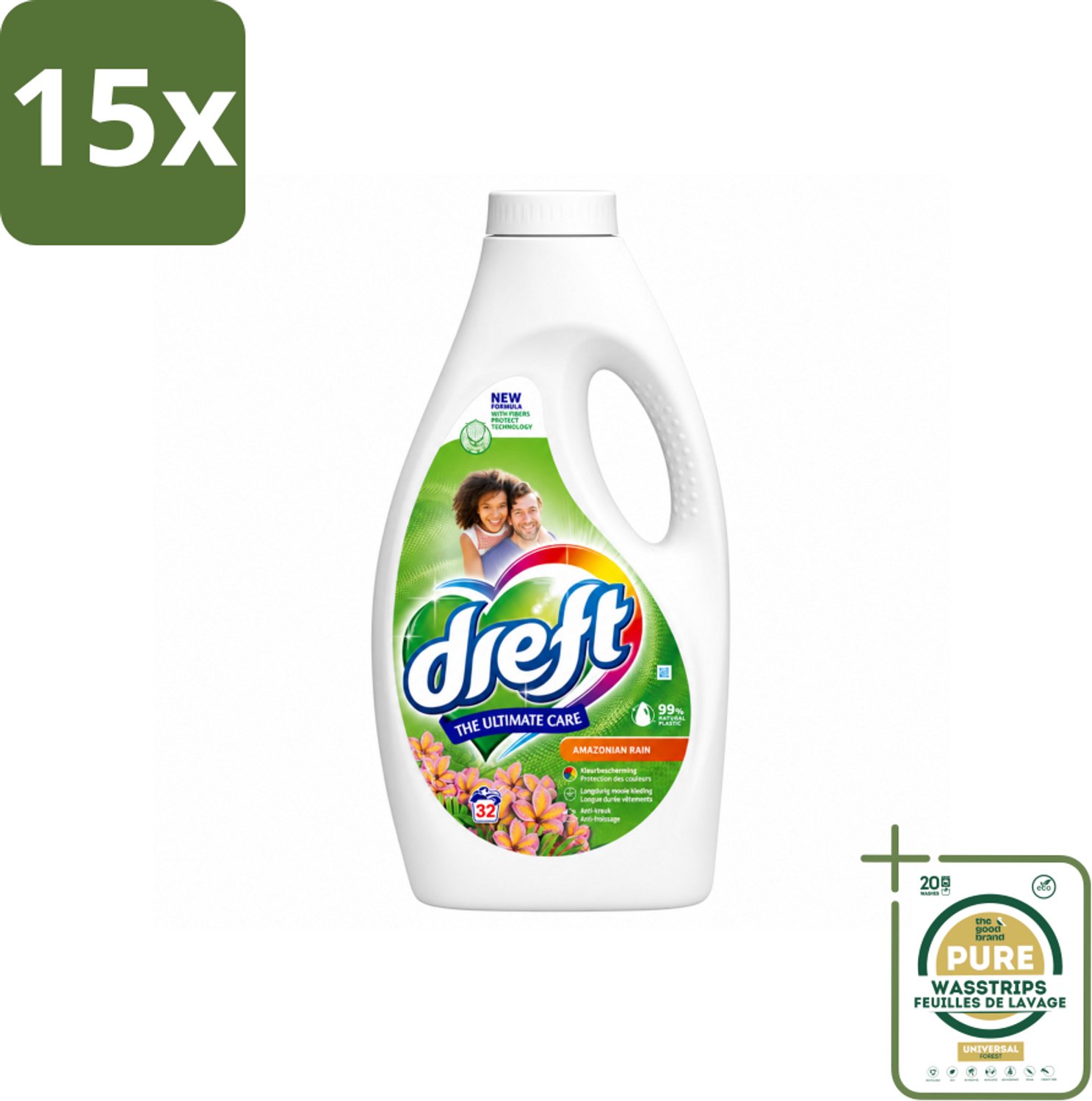 15 x Dreft - Vloeibaar Wasmiddel - Amazone Regen - Tropische frisheid - 32 Wasbeurten - Wasstrips - Vloeibaar Wasmiddel - Amazone Regen - Fris Wasmiddel - Wasbeurt - Wasgeur