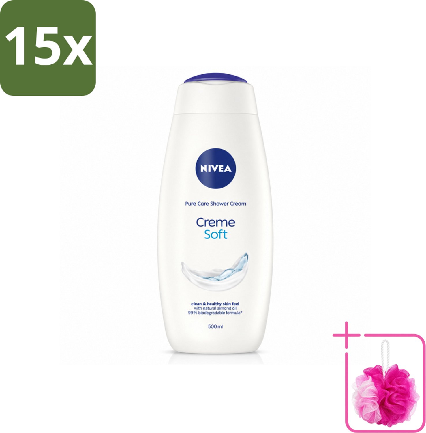 15 x NIVEA - Douchecrème - Zacht - Huidbeschermend - Amandelolie - 500 ml - Bulkverpakking - Douchecrème - Douchemop - Huid verzorgen