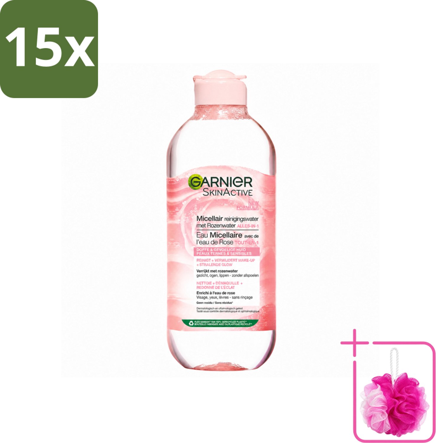 15 x Garnier - SkinActive - Micellair Reinigingswater - Rozenwater - Stralende Huid - 400 ml - Bulkverpakking - Micellair reinigingswater - Douchemop - Rozenwater