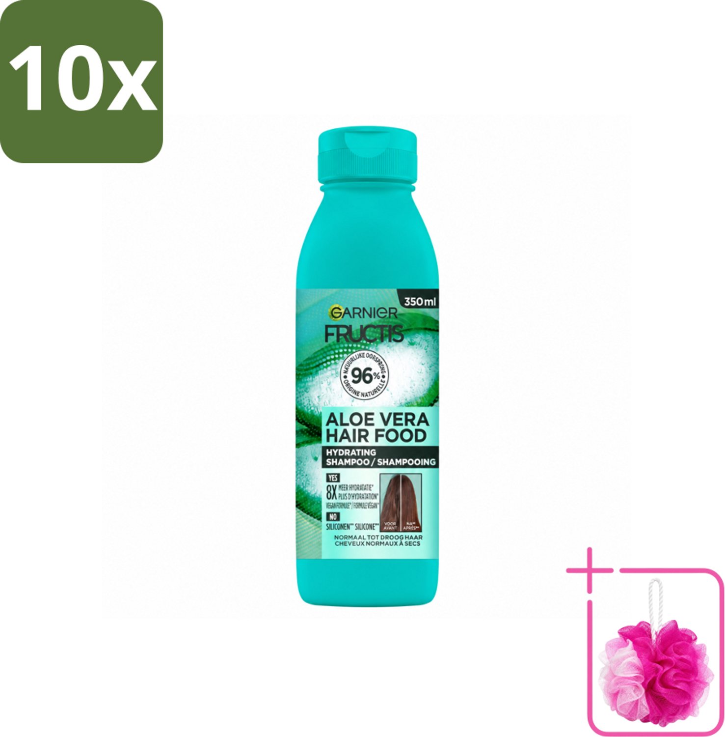 10 x Garnier - Fructis Hair Food Aloe Vera - Shampoo - Normaal tot Droog Haar - 350 ml - Bulkverpakking - Aloe Vera shampoo - Douchemop - Hydratatie haar