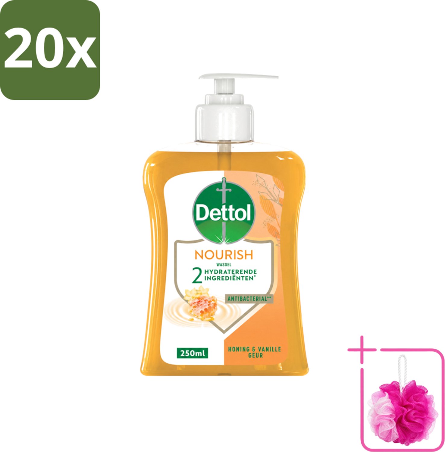 20 x Dettol - Handzeep - Nourish - Honing & Vanille - 250 ml - Bulkverpakking - Handzeep - Douchemop - Antibacteriële handzeep