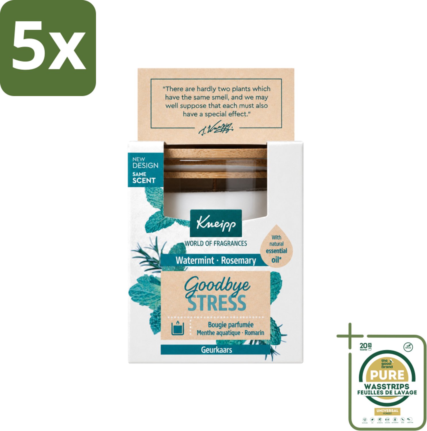 5 x Kneipp - Geurkaars - Goodbye Stress - Watermunt & Rozemarijn - 20 branduren - Wasstrips - Geurkaars - Ontspanning - Stressverlichting - Watermunt - Rozemarijn