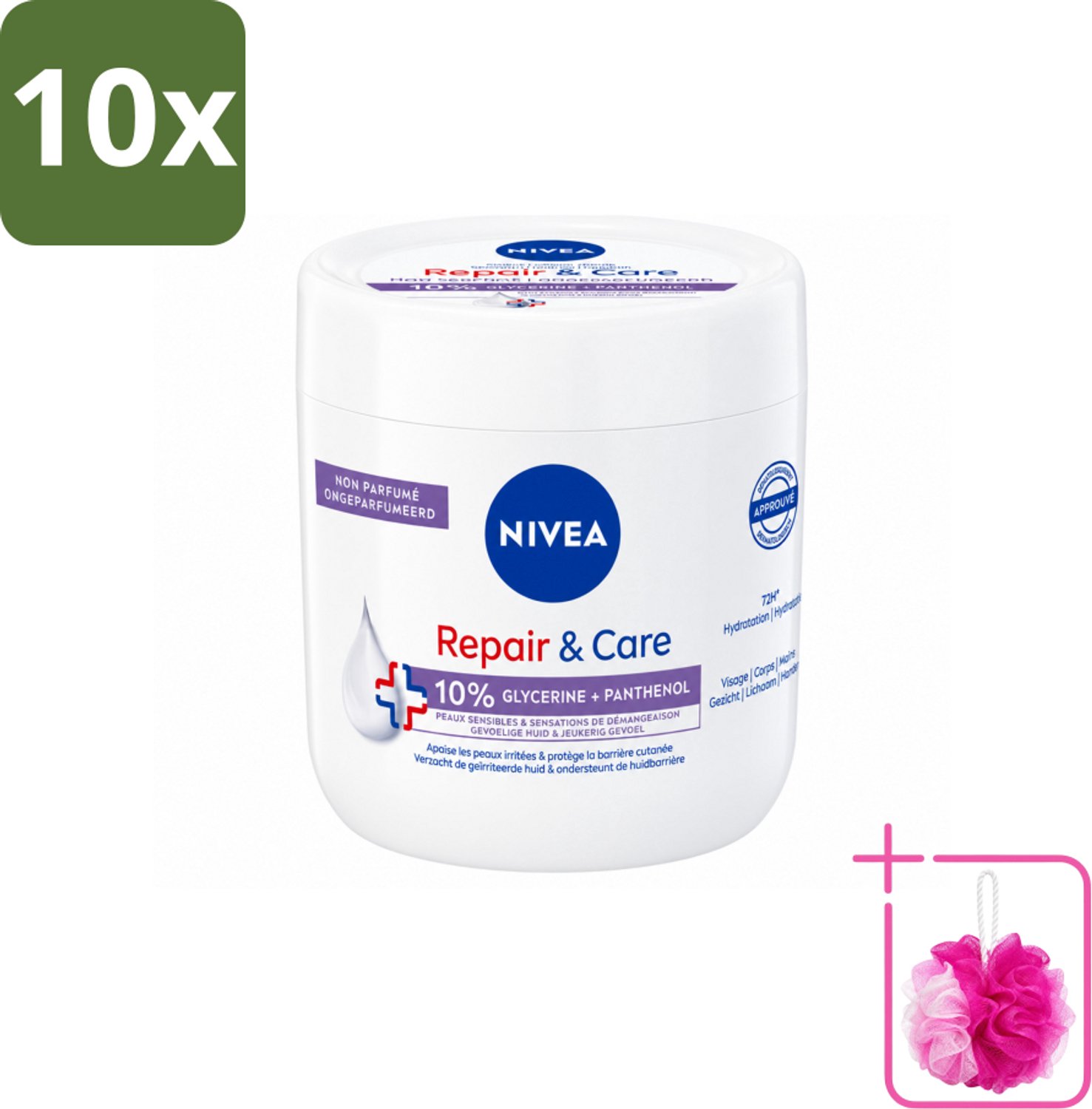 10 x NIVEA - Bodycrème - Herstel & Verzorging Gevoelig - Met 10% Glycerine & Panthenol - Voor gevoelige & jeukerige huid - 400 ml - Bulkverpakking - Gevoelige huid - Douchemop - Jeuk