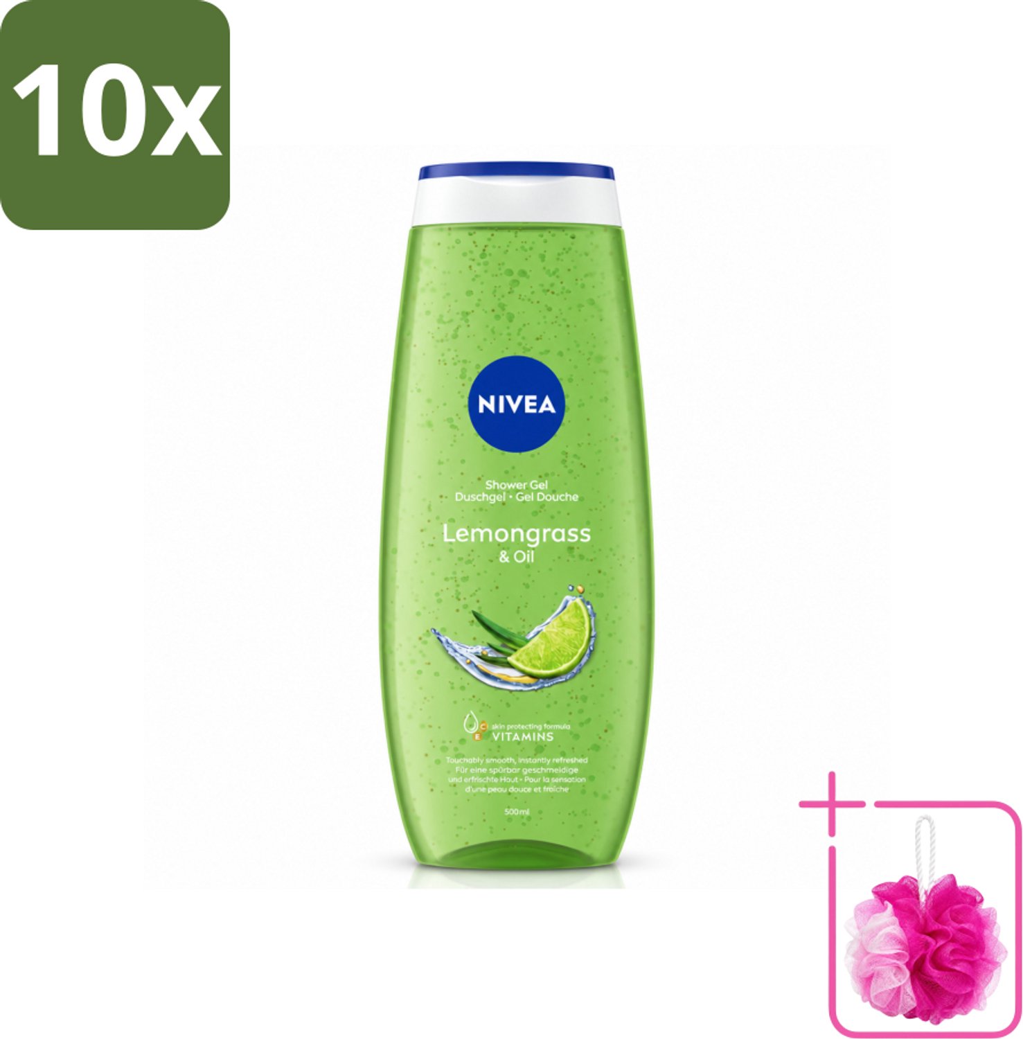 10 x NIVEA - Douchegel - Citroengras & Olieverzorging - Glad & Verfrissend Huidgevoel - 500 ml - Bulkverpakking - Douchegel - Douchemop - Natuurlijke oliën
