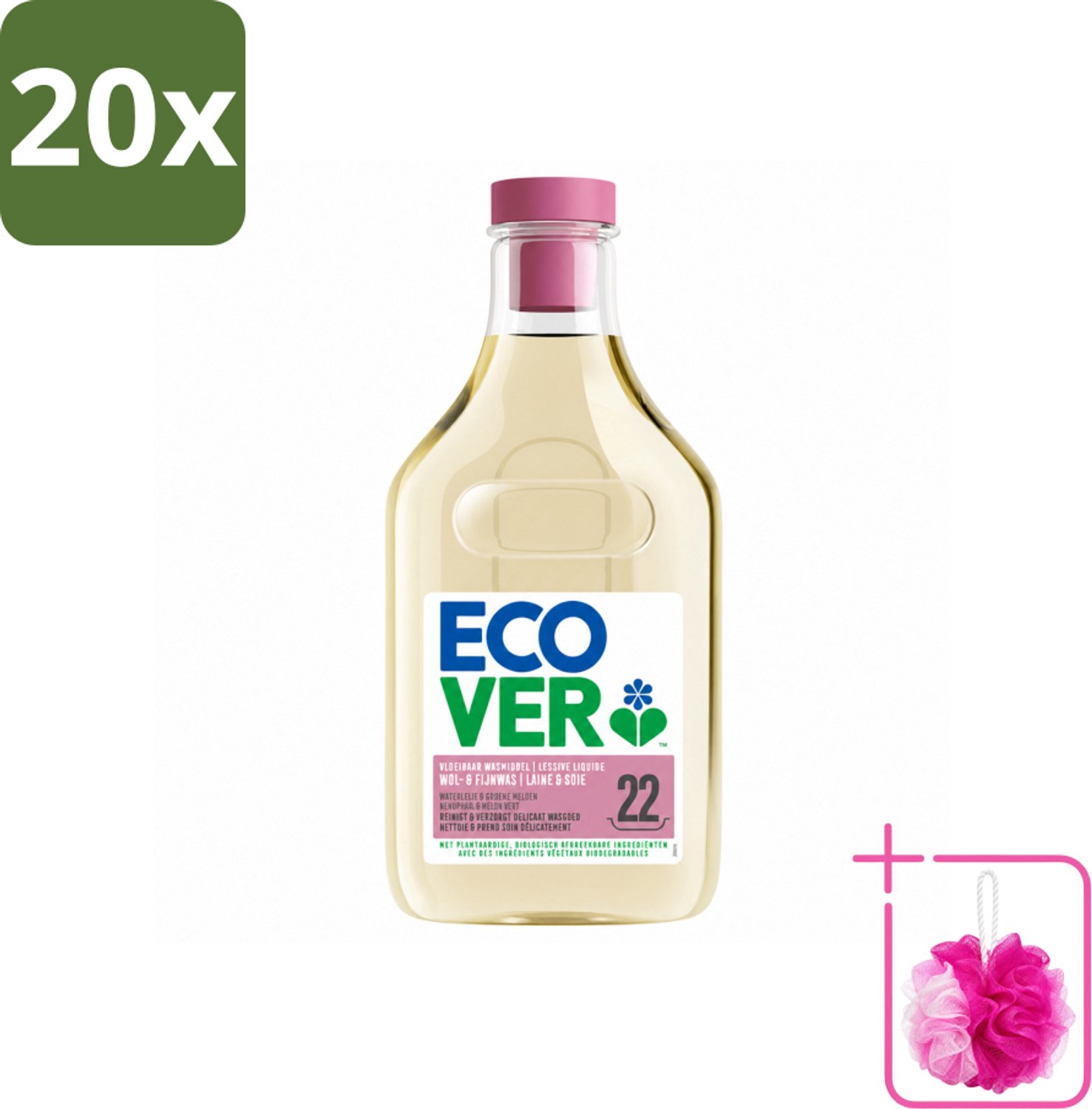 20 x Ecover - Vloeibaar wasmiddel - Wol & Fijnwas - 1 liter - 22 wasbeurten - Bulkverpakking - Zachte wasmiddelen - Douchemop - Wol wasmiddel