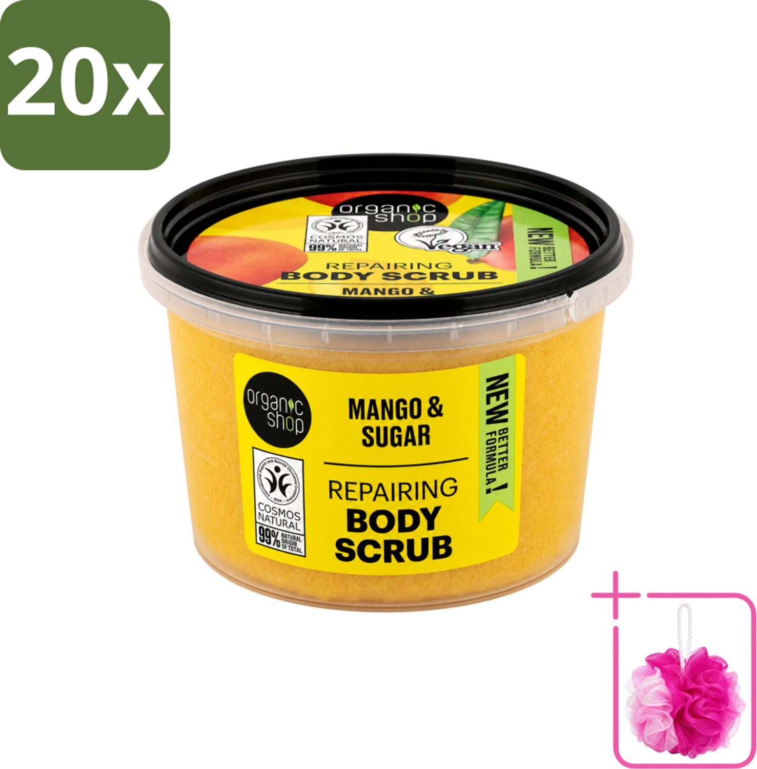 20 x Organic Shop - Organic Mango & Sugar Body Scrub - Peeling en Geur - 250 ml - Bulkverpakking - Organische bodyscrub - Douchemop - Mango scrub