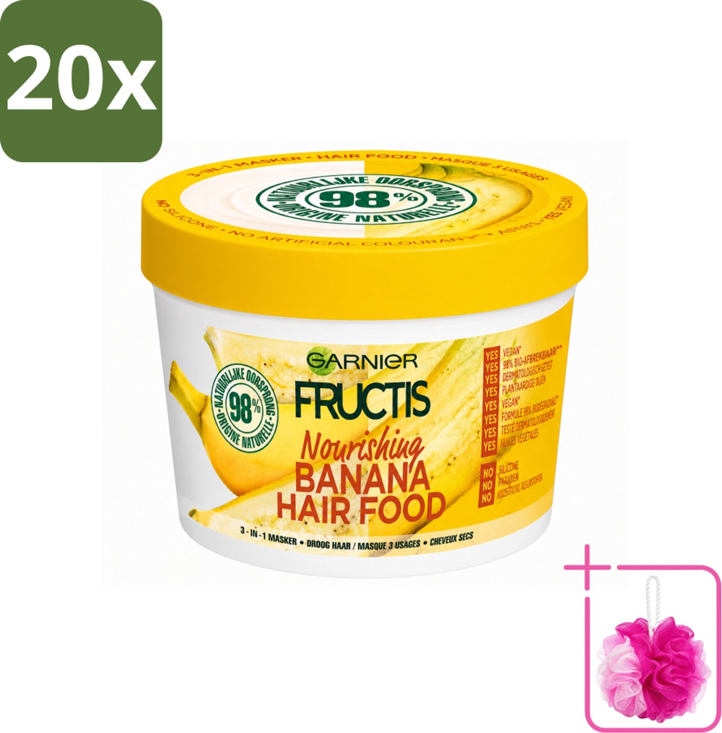 20 x Garnier - Fructis Hair Food Banana - 3-in-1 Haarmasker - Voedend - Droog Haar - 400 ml - Bulkverpakking - Haarmasker kokosmelk - Douchemop - Haarmasker macadamia