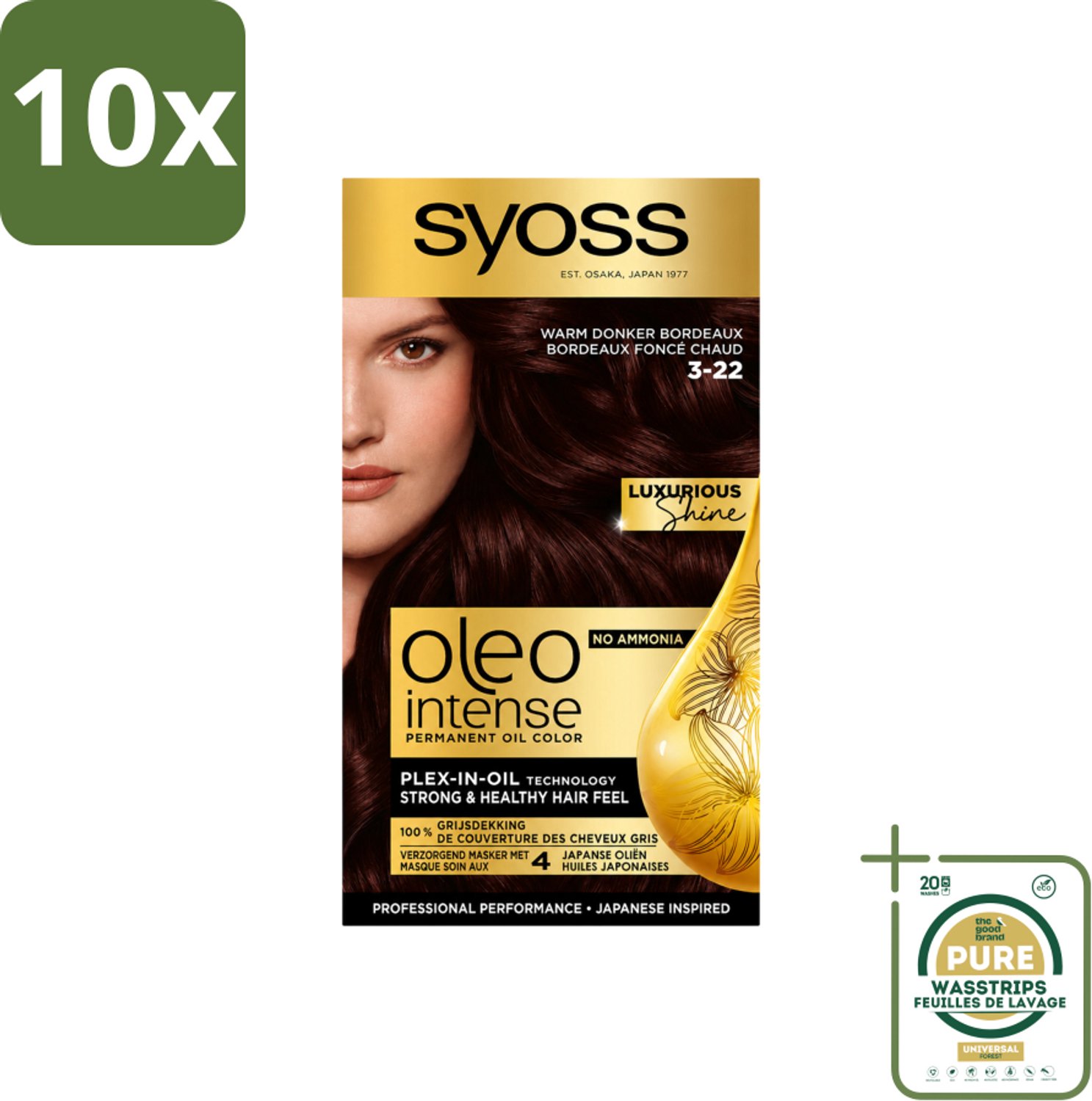 10 x SYOSS - Oleo Intense 3-22 - Haarverf - Permanente Haarkleuring - Warm Donker Bordeaux - Langdurige Kleur - Wasstrips - Haarverf - Permanent Haarverf - Warm Bordeaux - Donker Rood - Haarkleur