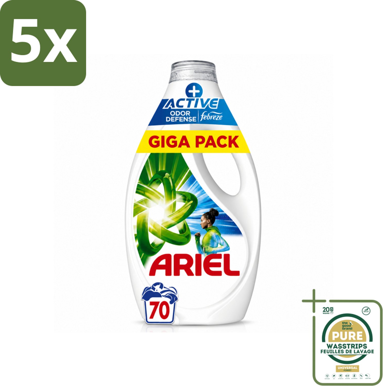 5 x Ariel - Vloeibaar Wasmiddel - +Actieve Odor Defense - 70 Wasbeurten - 3,15 liter - Wasstrips - Vloeibaar Wasmiddel - Geurbestrijding - Zweetgeuren Verwijderen - Frisheid - Koud Water Was