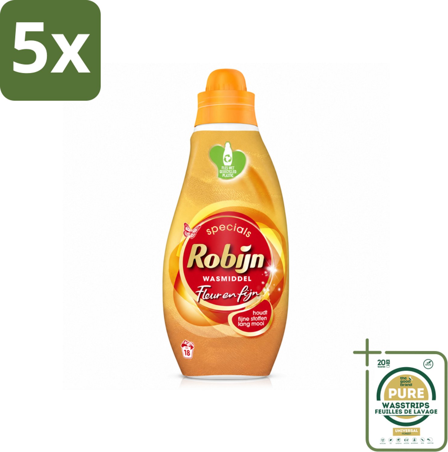 5 x Robijn Specials - Fleur & Fijn - Vloeibaar Wasmiddel - 18 Wasbeurten - Wasstrips - Fijne Was - Kleurbehoud - Biologisch Afbreekbaar - Wasmiddel - Machine- En Handwas