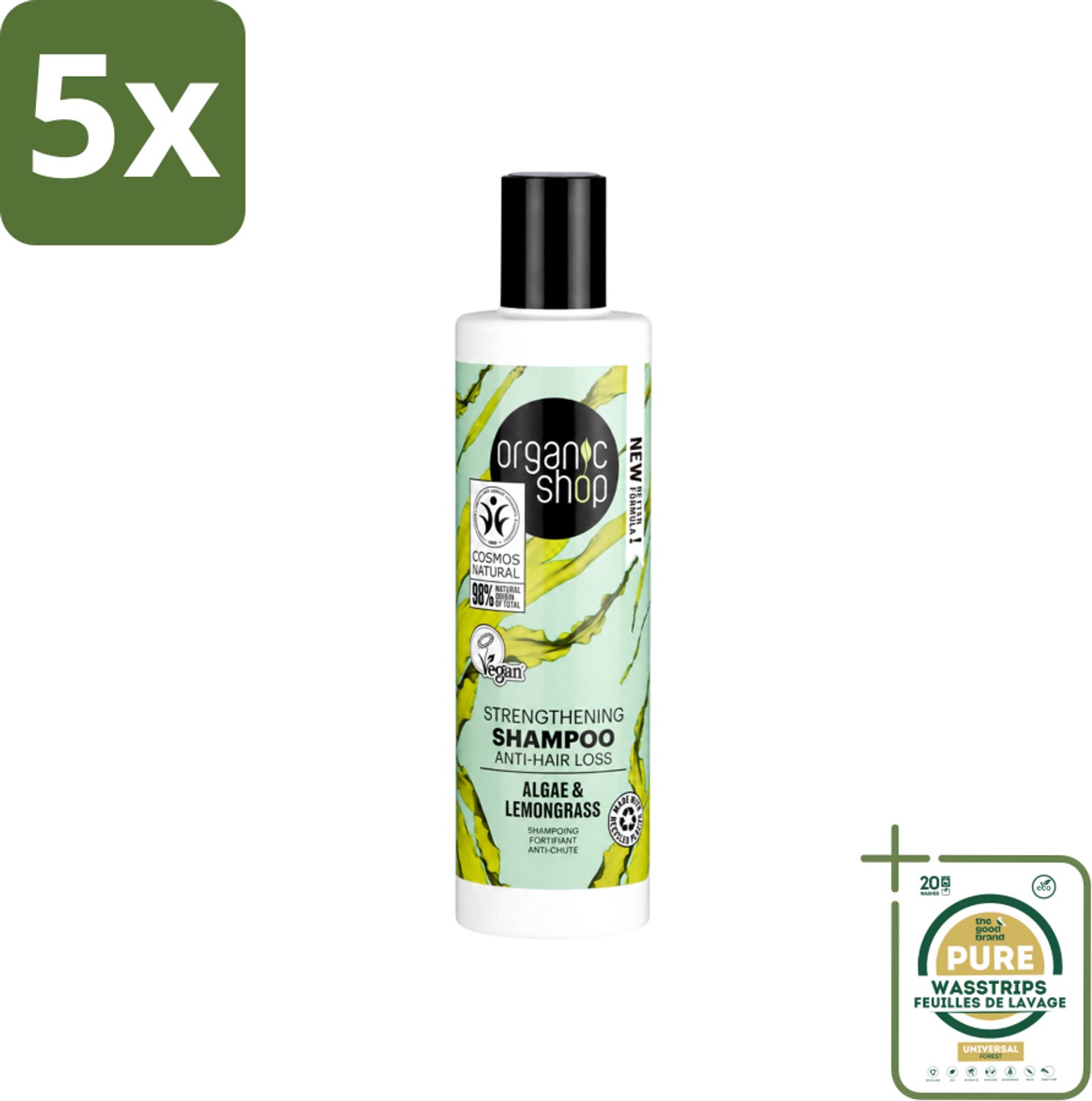 5 x Organic Shop - Algae & Lemongrass Strengthening Shampoo - Versterkend en Herstellend - 280 ml - Wasstrips - Haarversterking - Haaruitval - Haarstructuur - Algenextract - Citroengrasolie