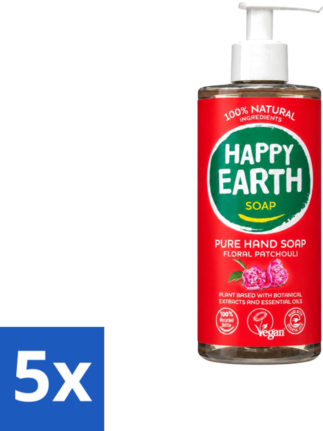 5 x Happy Earth – Handzeep – 100% Natuurlijk Floral Patchouli – 300 ml - Voordeelverpakking - 5 stuks