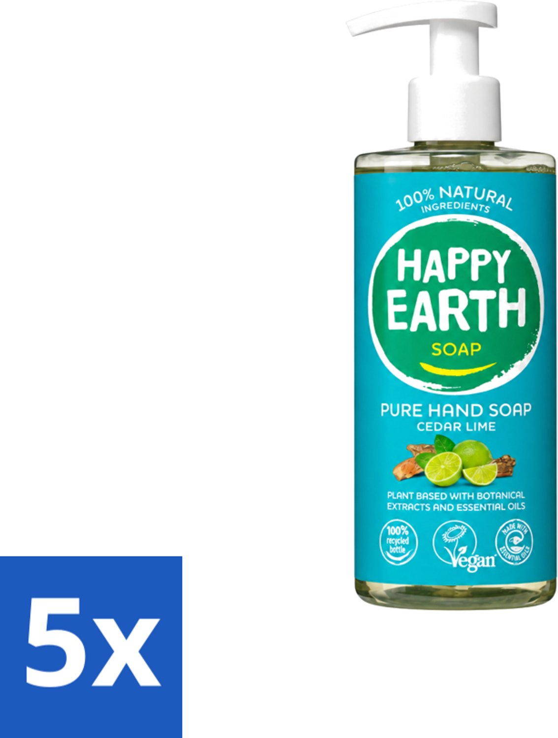 5 x Happy Earth – Handzeep – 100% Natuurlijk Cedar Lime – 300 ml - Voordeelverpakking - 5 stuks