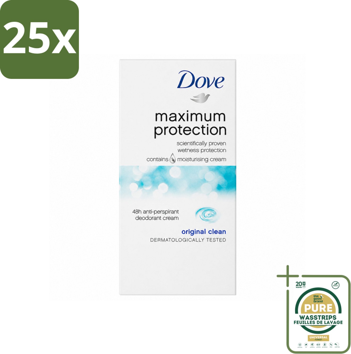 25 x Dove Deodorant Stick - Maximum Protection - Original Clean - 45 ml - Wasstrips - Anti-transpirant - Deodorant - Okselbescherming - Zweetbehandeling - Geurvermindering