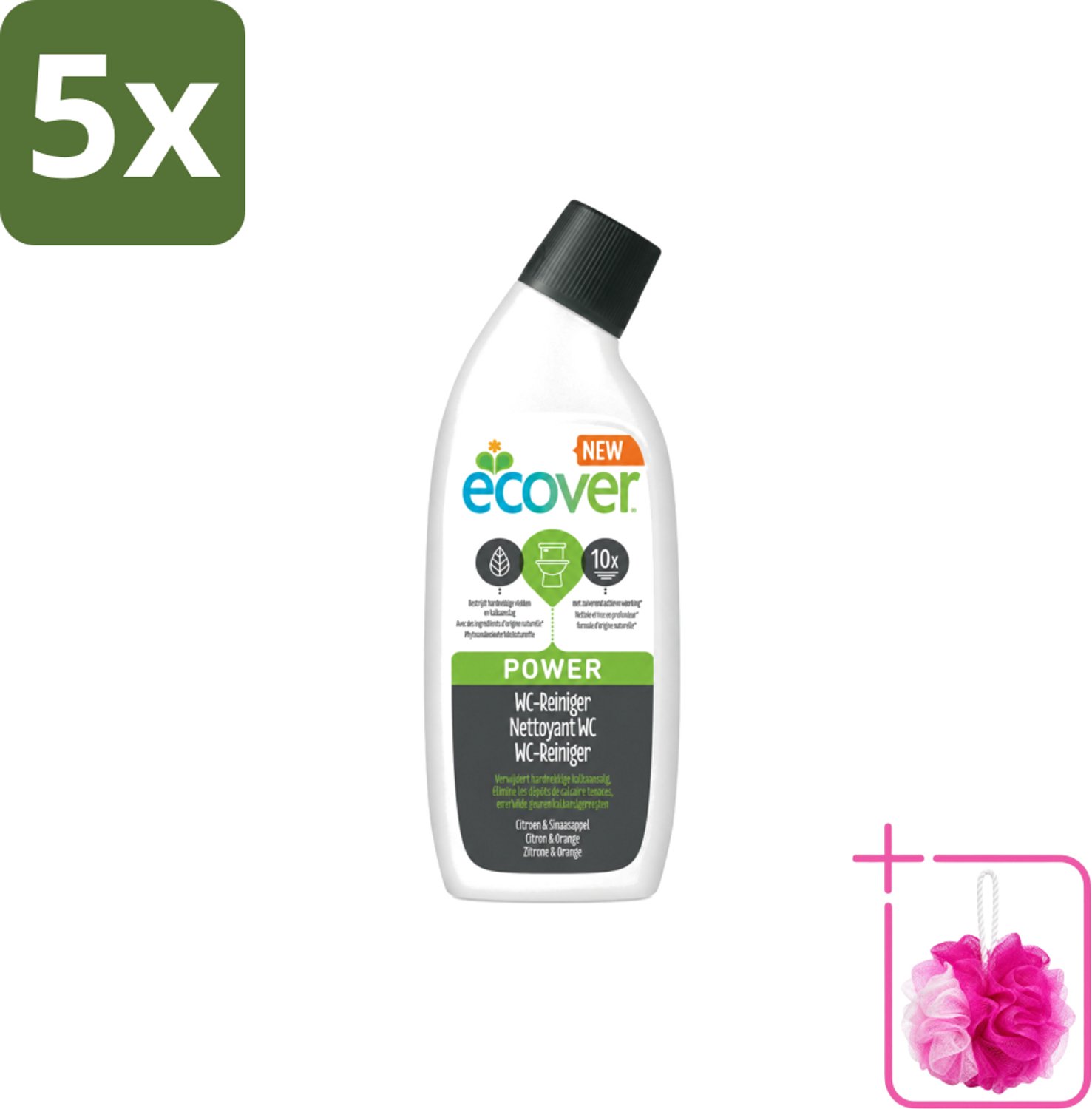 5 x Ecover - Toiletreiniger Power - 750 ml - Bulkverpakking - Toiletreiniger - Douchemop - Kalkaanslag