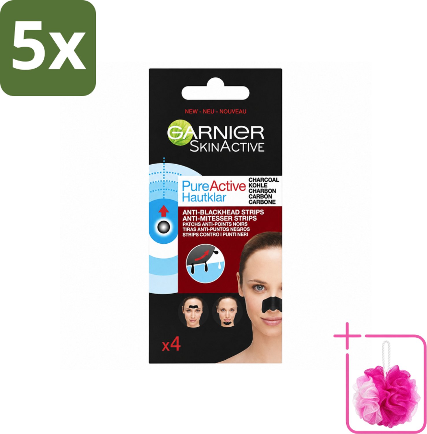 5 x Garnier - Pure Active - Anti-Mee-Eters Strips - Charcoal - Neus, Voorhoofd & Kin - 4 Strips - Bulkverpakking - Anti-mee-eters strips - Douchemop - Houtskool strips
