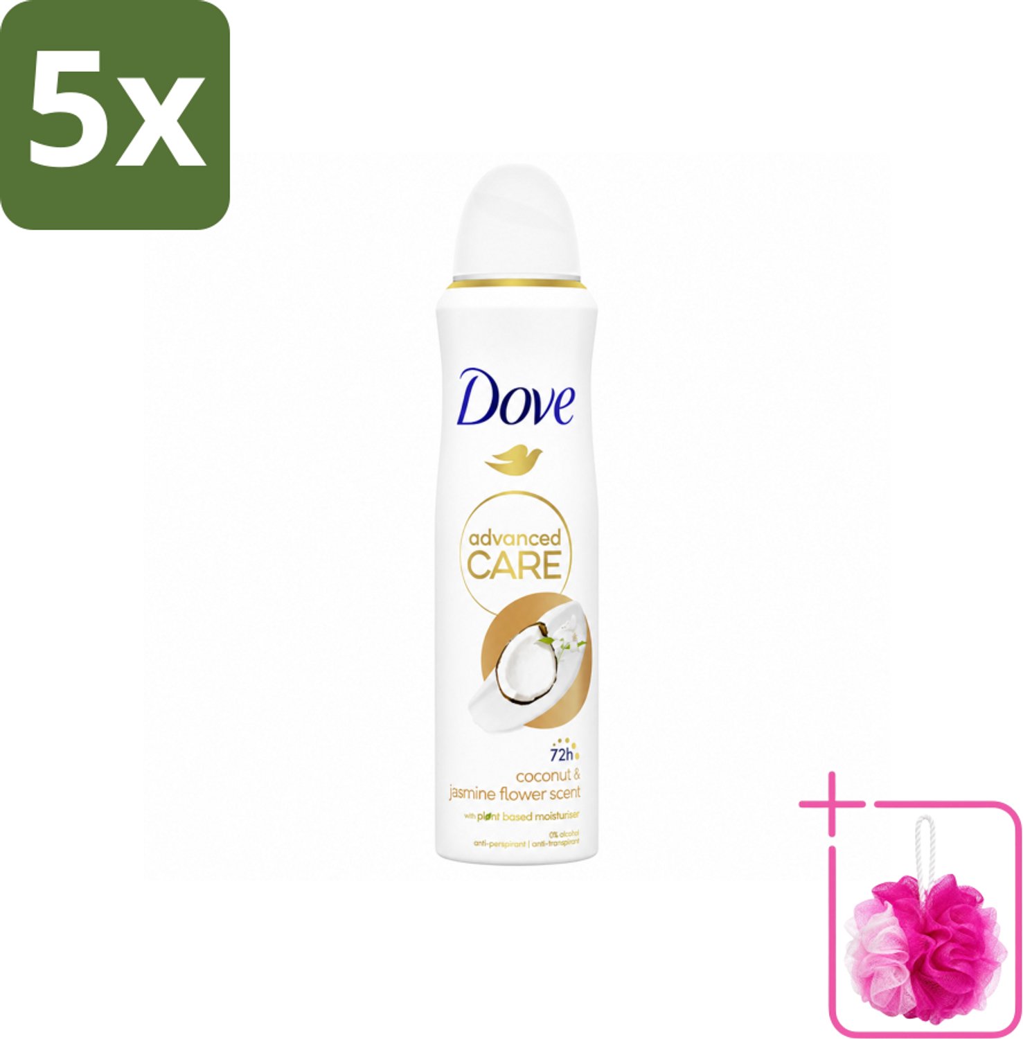 5 x Dove Deodorant Spray - Advanced Care - Kokos & Jasmijnbloem - 150 ml - Bulkverpakking - Dove Deodorant Spray - Douchemop - Kokos en jasmijn