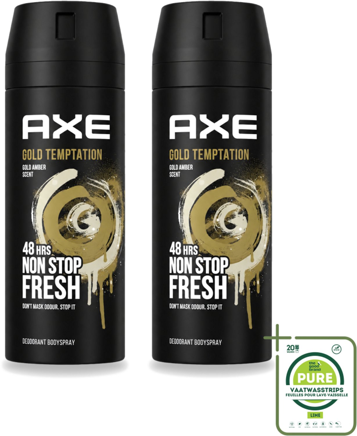 2 x AXE - Deodorant Spray - Gold Temptation - Luxe Geur - Oriëntaals & Fris - 150 ml - Grootverpakking - Vaatwasstrips - Deodorant Spray - Geur - Zweet - Frisheid - Zink