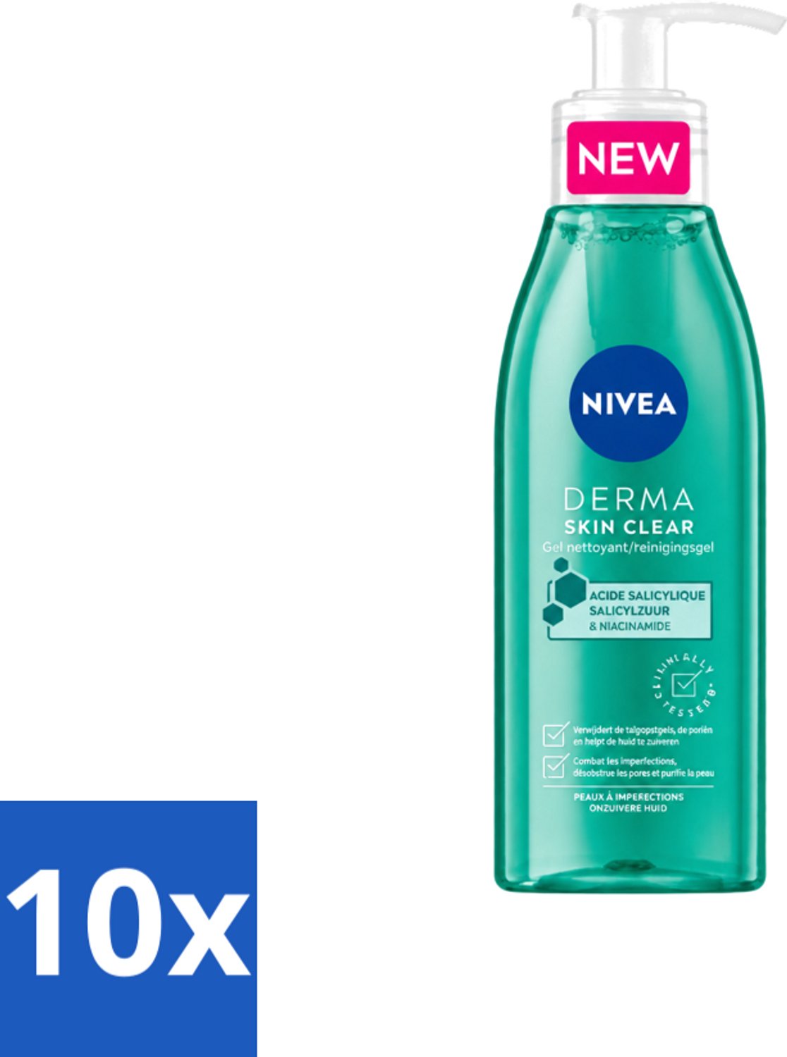 10 x NIVEA - Reinigingsgel - DERMA Huidzuiver - Voor onzuivere huid - Met Salicylzuur (AHA) & Niacinamide - Tegen Acne & Mee-eters - 150 ml - Voordeelverpakking - 10 stuks