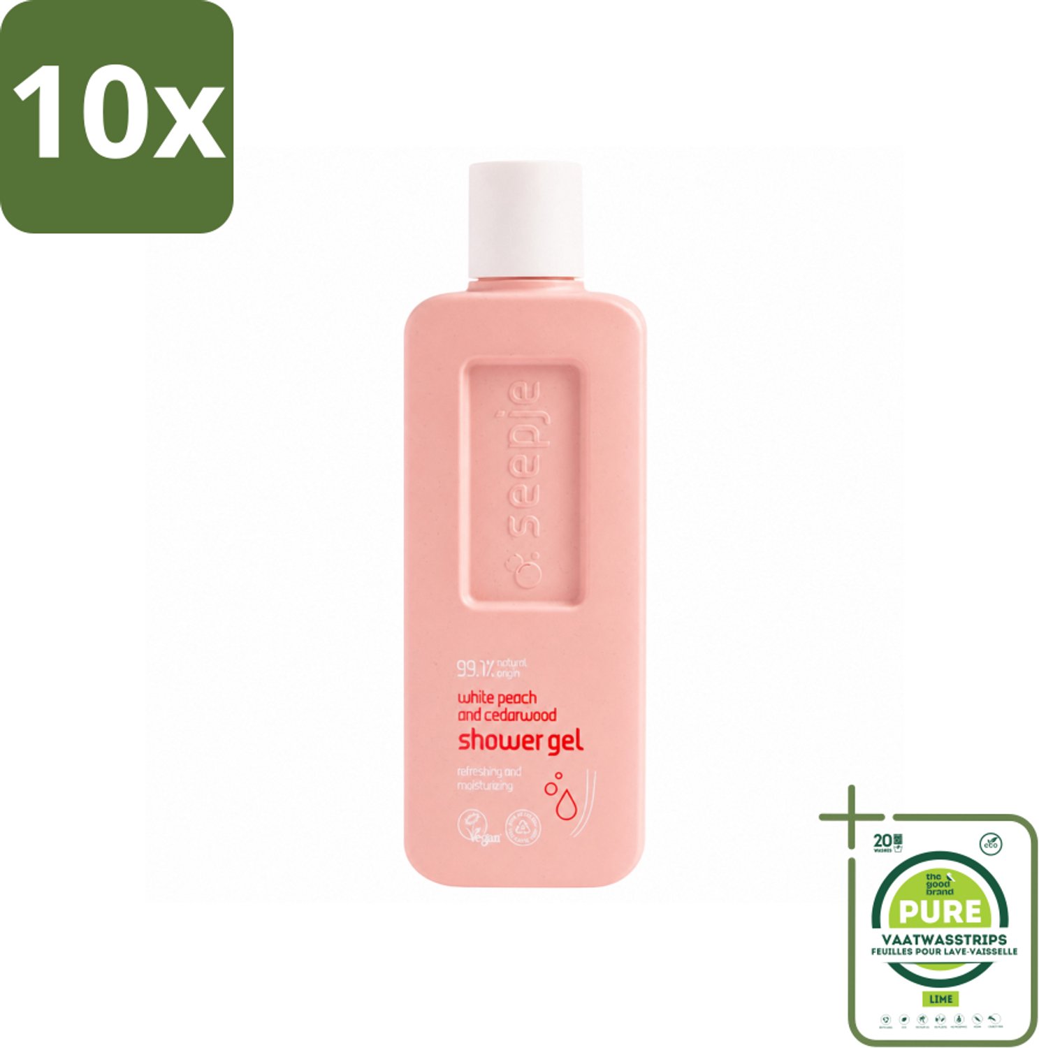 10 x Seepje - Douchegel - Natuurlijke Geur - Witte Perzik en Cederhout - 300 ml - Grootverpakking - Vaatwasstrips - Douchegel - Natuurlijke Douchegel - Witte Perzik - Cederhout - Huidverzorging