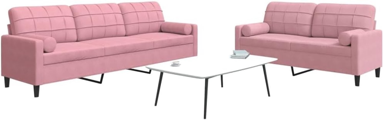 2-delige bankset met kussen en nekrollen in roze fluweel, zacht fluwelen sofa met metalen frame voor woonkamer, comfortabele bekleding en moderne inrichting