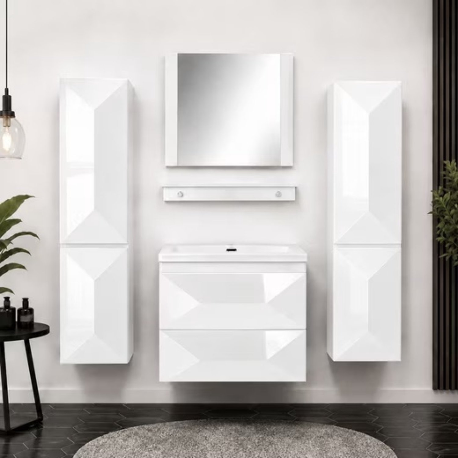 Faizee Home Miran Badkamermeubelset 60 cm Wit Hoogglans met keramische wastafel, spiegel en Soft-Close
