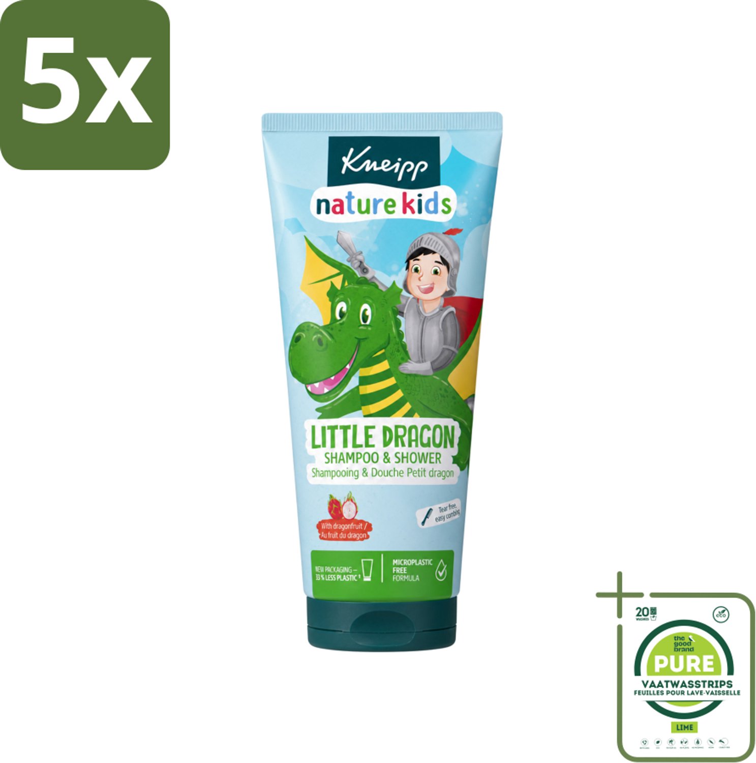 5 x Kneipp - Shampoo & Showergel - Little Dragon - 200 ml - Grootverpakking - Vaatwasstrips - Kinderbad - Kinderhaar - Douchegel - Shampoo - Geur Dragonfruit