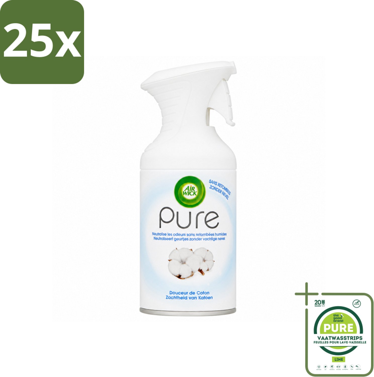 25 x Air Wick - Spray - Zachtheid Van Katoen - Luchtverfrisser - 250 ml - Grootverpakking - Vaatwasstrips - Luchtverfrisser - Katoengeur - Frisheid - Geurneutraliseren - Droge Nevel