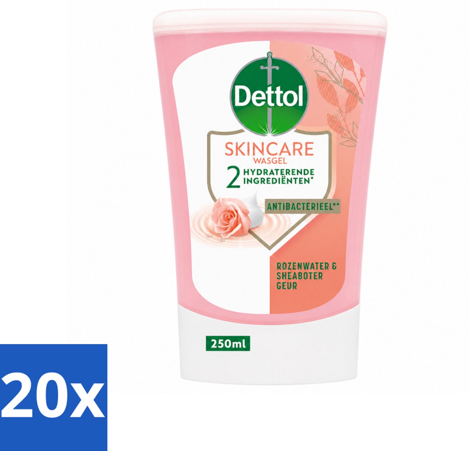 20 x Dettol - Wasgel Navulling - Skincare - Rozenwater & Sheaboter - 250 ml - Voordeelverpakking - 20 stuks