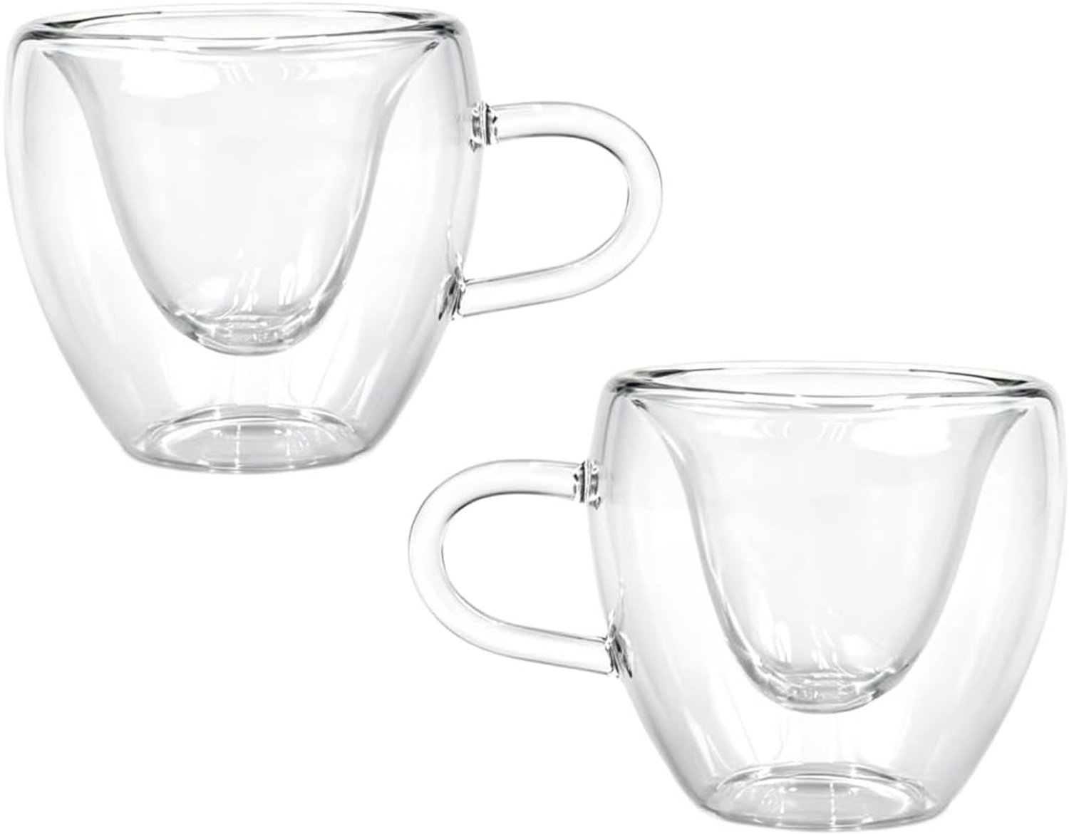 2 stuks hartvormige dubbelwandige glazen koffiekopjes met handvat, 80 ml, espressokopjes, helder borosilicaatglas, geschikt voor cappuccino, thee en melk.