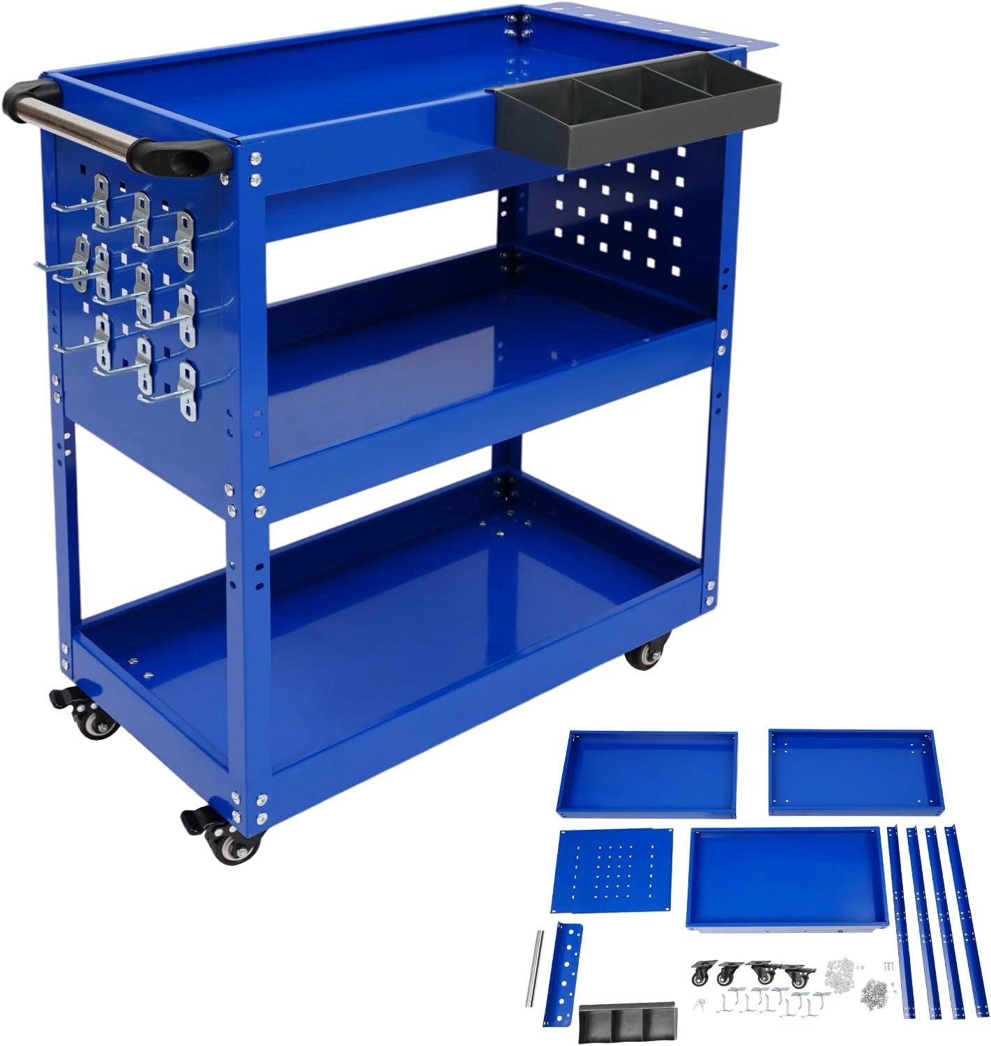 3 niveaus, rolgereedschapswagen, gereedschapswagen met wielen, 150 kg, mobiele gereedschapskast met sleutel, werkplaatswagen, voor auto-onderhoud, werkplaatsen (blauw