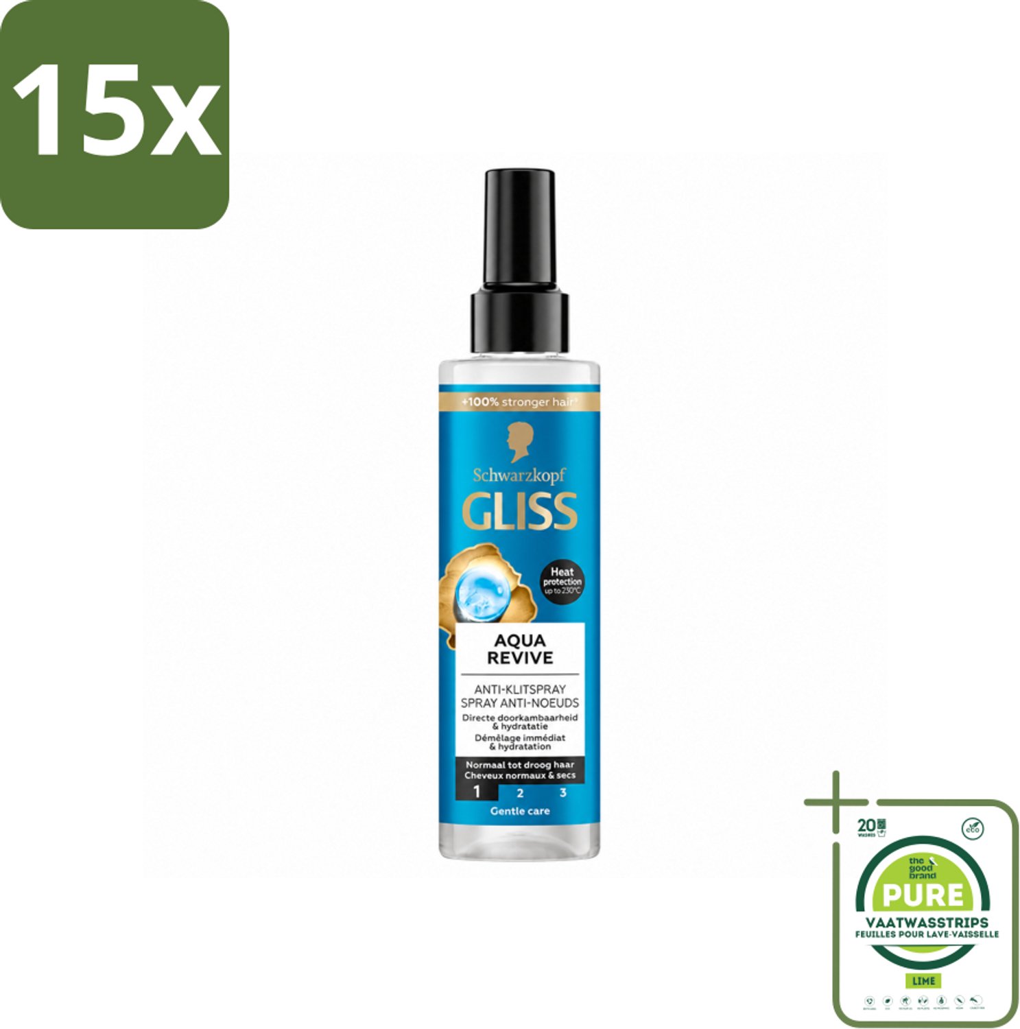 15 x Gliss - Anti-Klit Spray Aqua Revive - Voor Hydraterend en Makkelijk Doorkambaar Haar - 200 ml - Grootverpakking - Vaatwasstrips - Hydraterende Spray - Droog Haar - Klitvrij Haar - Doorkambaarheid - Aquaporine Complex