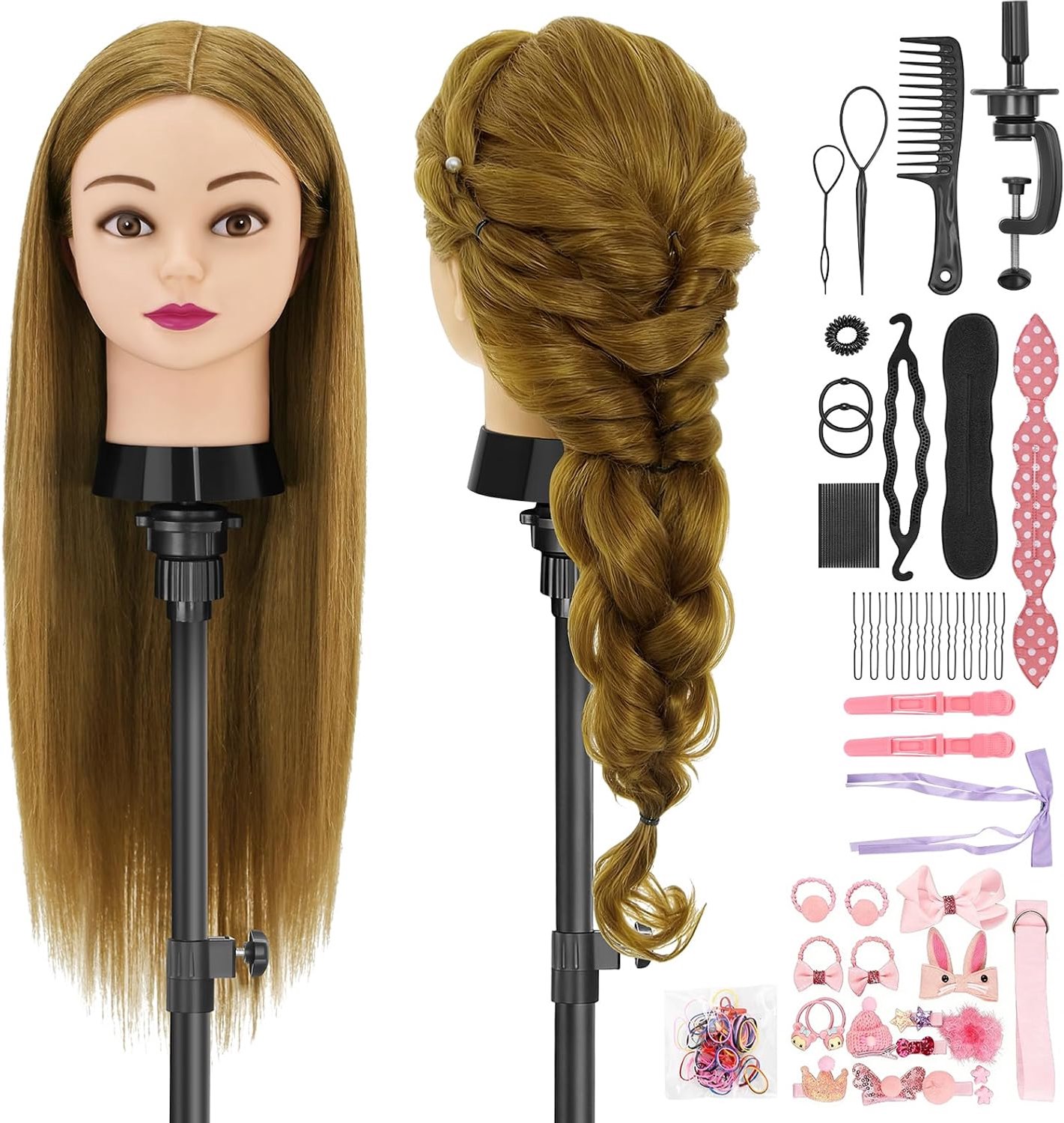 80% poppenhoofd, echt haar, blond haar, 61 cm pop, oefenhoofd voor kappers, kapsels, pop met tafelklem en vlechtset, styling mannequin hoofd voor kapper