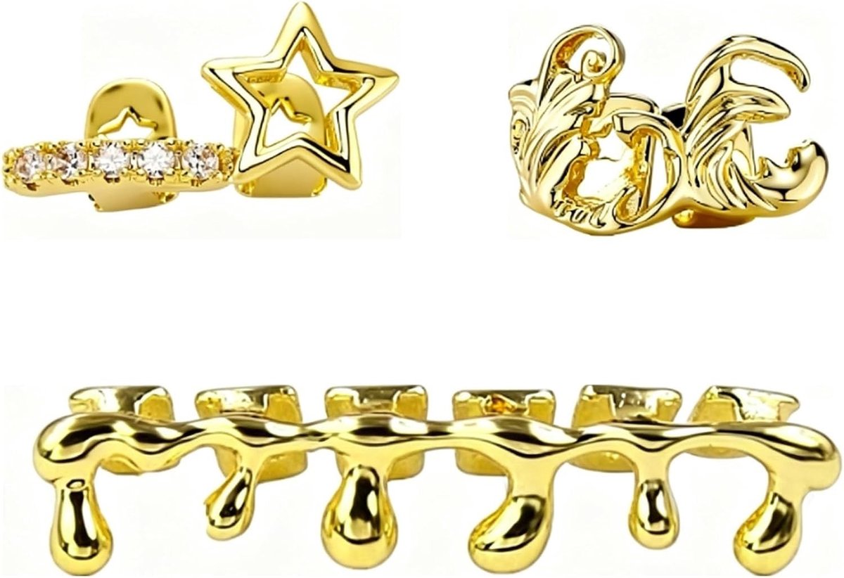 3-delige Gouden Grillz voor Tanden, 18K Verguld Hip Hop Design met Ster, Vlam en Druppel, Perfect voor Feestjes, Cosplay en Speciale Gelegenheden
