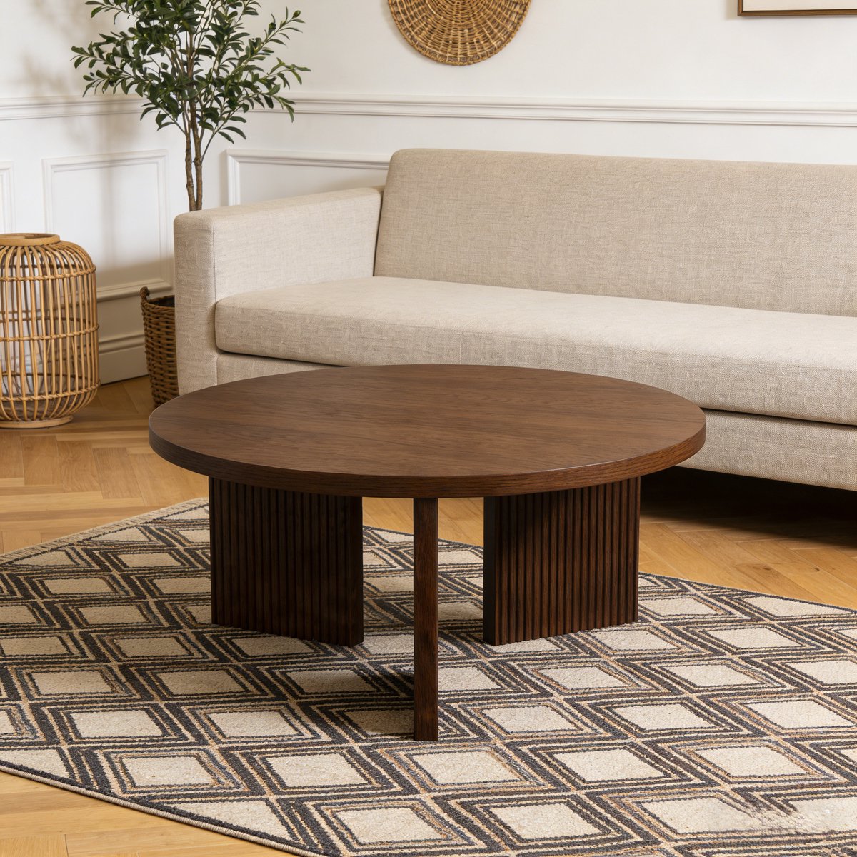 REDOM - Salontafel - Set van 2 ronde tafels - Geribbelde poten - Compact en veelzijdig - Moderne stijl - Woonkamer of kantoor - MDF - Walnootbruin - 80 x 80 x 38,5 cm
