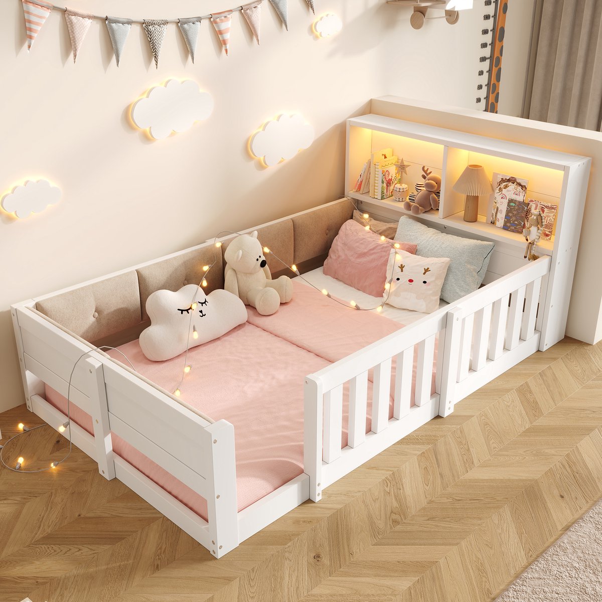 REDOM - Kinderbed met uitvalbeveiliging - Gestoffeerde rugleuning en hoofdbord met opbergruimte - LED-verlichting - MDF en spaanplaat - Wit - 90 x 200 cm