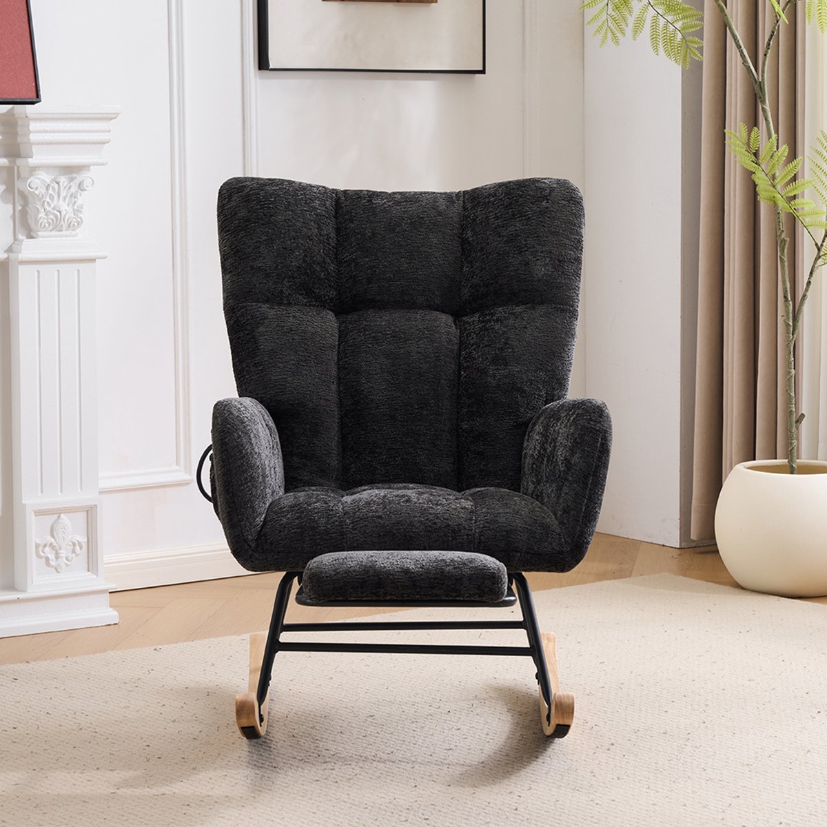 MIVRAY Schommelstoel Fauteuil 89 X 63 X 92 Cm Comfortabel Met Hoge Rugleuning Armleuningen Voetsteun Voor Woonkamer Slaapkamer Leeshoek Chenille Zwart
