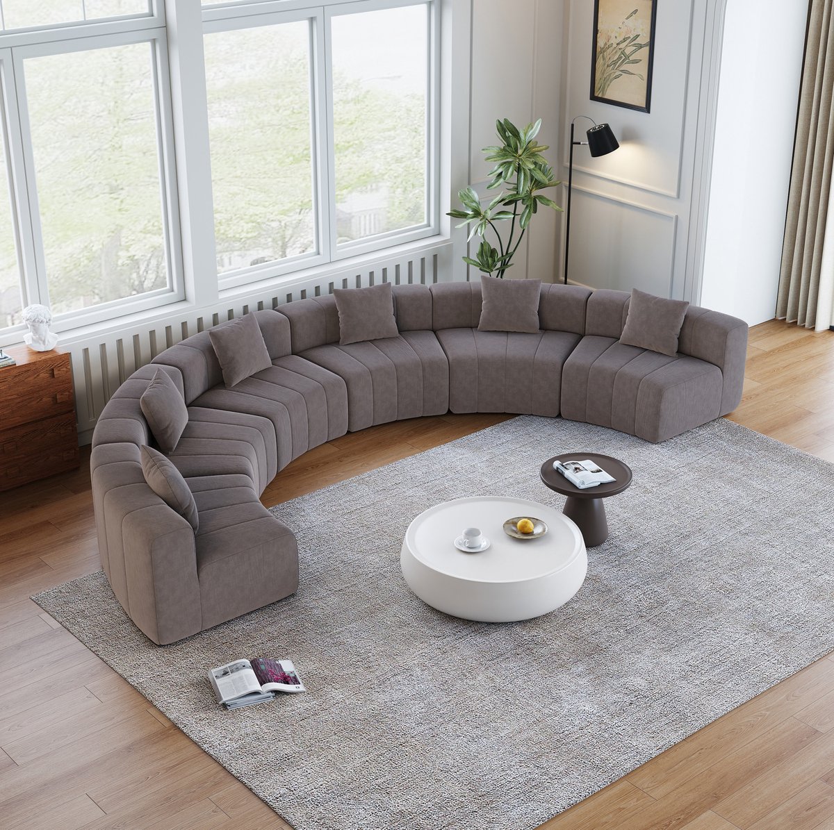 FloraGrace Bankonderdeel 444,5 x 222 x 73,6 cm - Gebogen Modulair Chenille Sofaelement Met 2 Kussens - Voor Woonkamer Of Kantoor - Stof - Grijs