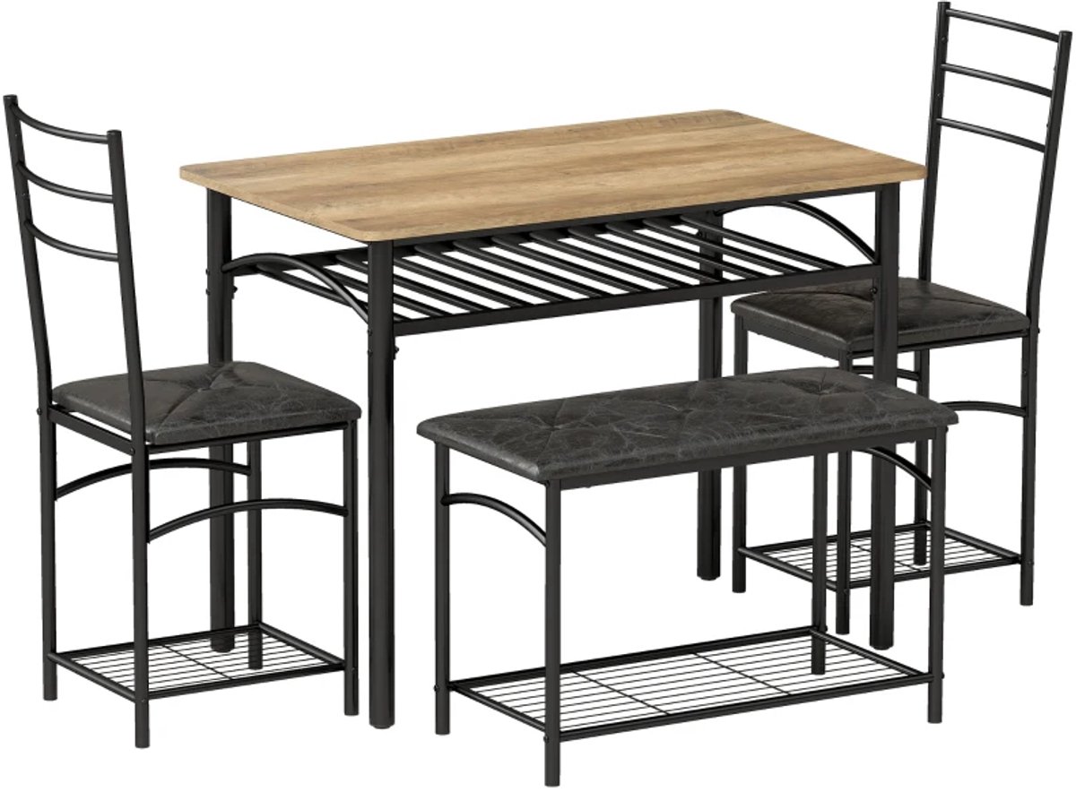 Eethoek - 4-delige Eetset - Industriële Keukentafel Met 2 Stoelen En Bank Voor 4 Personen - Gewatteerde PU-leren Stoelen - Bruin
