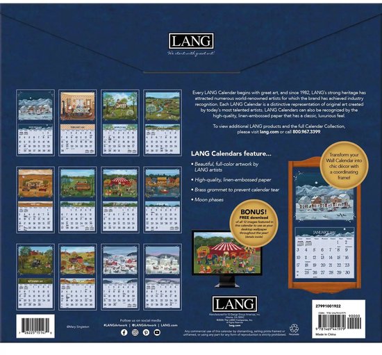 Overzicht van Langle Folk Art 2027 kalender met miniatuurafbeeldingen van alle maanden en productdetails.