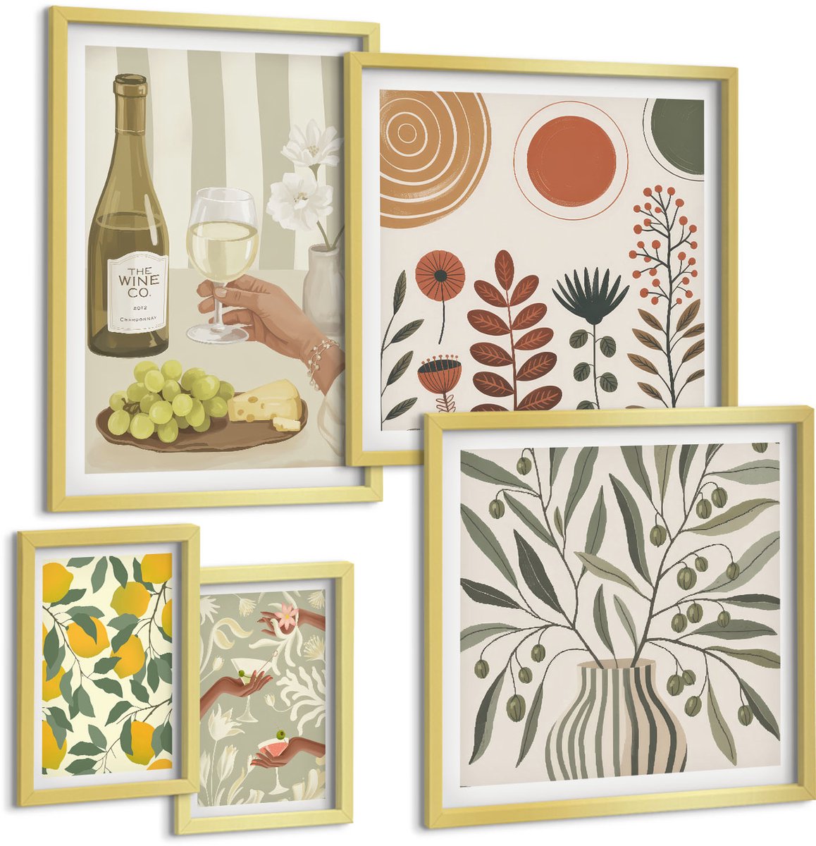 Coloray 5-Delige Schilderij Set - Stijlvolle Decoraties In Een Sfeer Van Wijn En Planten. - 50 x 50 cm, 20 x 30 cm En 40 x 60 cm - Stijlvolle Muurdecoratie - Kantoor - Interieur Decoratie